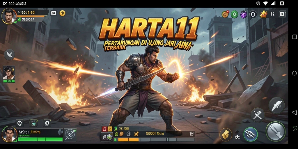 Tangkapan layar HARTA11 menampilkan aksi pertarungan yang intens dan karakter yang beragam.