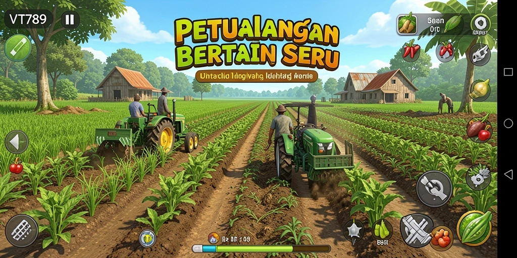 Tampilan gameplay VT789 yang menggambarkan ladang yang subur dan hewan ternak.